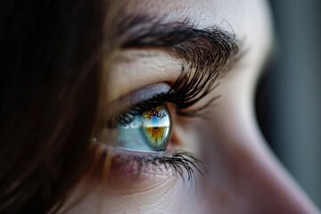 A close-up of a person's eye with a yellow reflection Generative AI