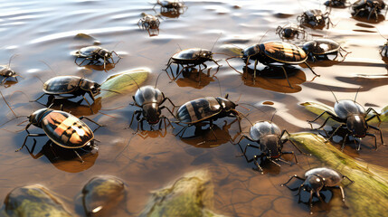 Water Bugs band Beetles insect in water ground  - Powered by Adobe