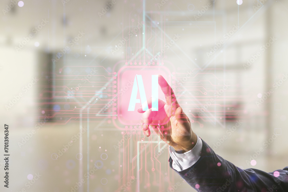 Poster man hand clicks on creative artificial intelligence symbol hologram on blurred office background. do