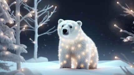 Night winter session polar bear in the snow with light reflecting animal