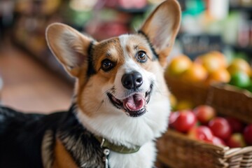 A cute dog with a green collar standing in front of a fruit basket Generative AI