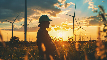 A person working on a wind turbine at sunset. Renewables. Wind turbines.