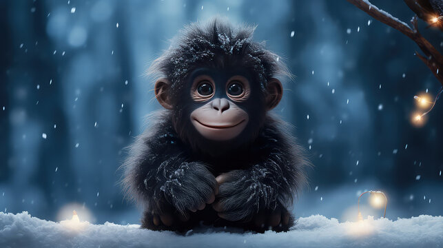 Black Sitting Monkey on snow blur. A photo of cute monkey.