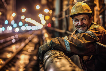 A person, technician, engineer, worker, touching a pipeline. Gas or oil pipeline. - obrazy, fototapety, plakaty