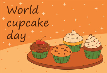 Vintage cupcake day postcard design with different muffins