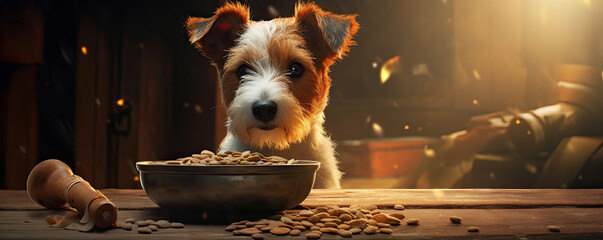 Dog food in bowl. Puppy pet on side. copy space for text