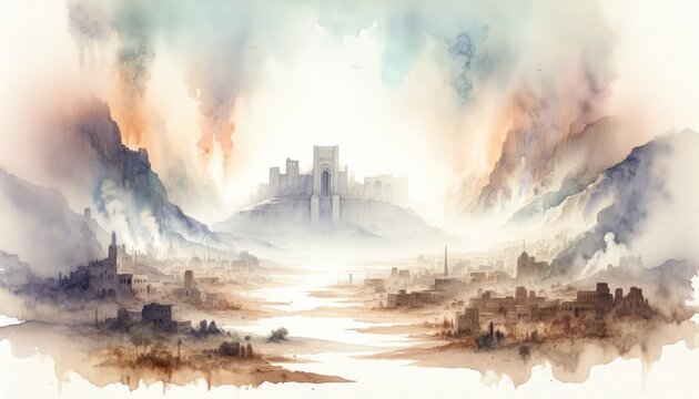 Sodom and Gomorrah. Old Testament. Watercolor Biblical Illustration