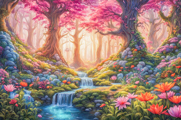 an enchanted forest in a fantasy land filled with vibrant multicolored flowers and trees, peaceful lanscapes concept, generative ai - obrazy, fototapety, plakaty