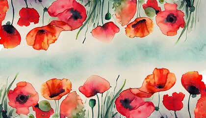 background of red poppies painted with watercolors