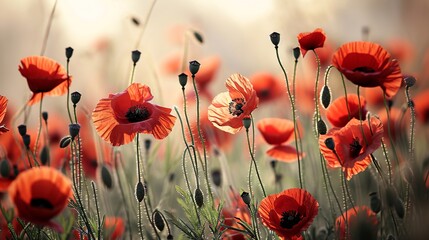 Blooming Field of Red Poppies Generative AI