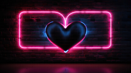 Neon Valentine's Day frame with hearts, against a brick wall, dark background, with space for text