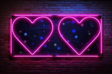 Neon Valentine's Day frame with hearts, against a brick wall, dark background, with space for text