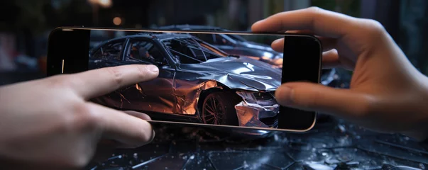  Car accident with major damage. vehicle crash phone photography for insurance. Man hand takes pictures of damage car after accident with smartphone. © Michal