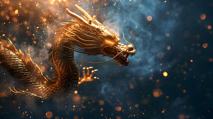 Golden chinese dragon statue with background of traditional lanterns. - obrazy, fototapety, plakaty