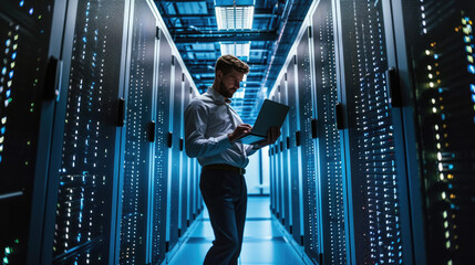 Focused IT professional using a laptop while standing in a server room with racks of network equipment illuminated by blue lights