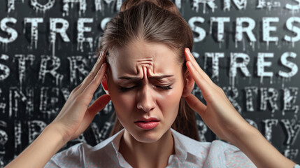Young woman with a pained expression, holding her temples, against a background filled with the word "STRESS" repeated in various sizes and orientations