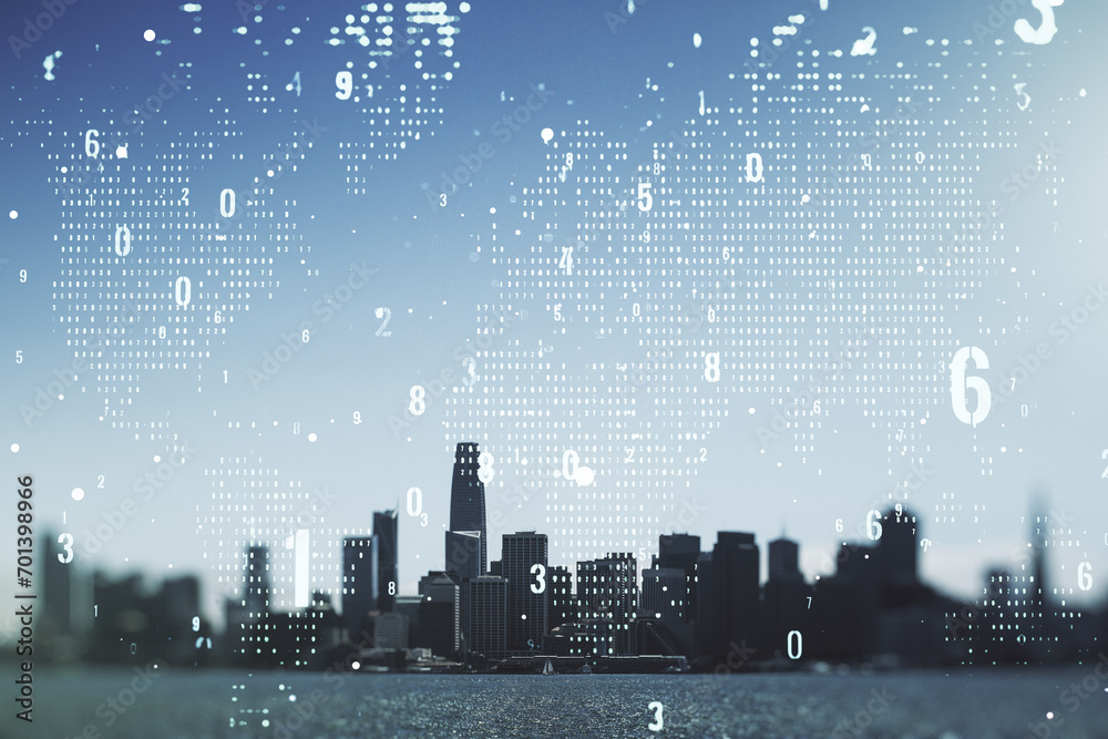 Poster Abstract virtual coding illustration and world map on San Francisco cityscape background, international software development concept. Multiexposure
