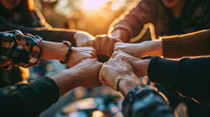Fototapeta na wymiar A team of professionals in a meeting showing unity by joining fists together in a circle, symbolizing collaboration and mutual support in a business or work environment.
