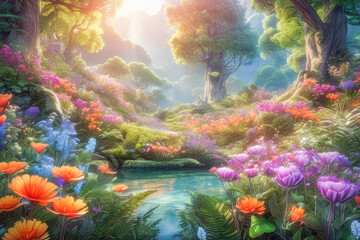 an enchanted forest in a fantasy land filled with vibrant multicolored flowers and trees peaceful lanscapes, Plants and Flowers concept, generative ai - obrazy, fototapety, plakaty