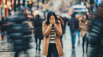 Distressed woman standing on a busy street, covering her face with her hands, with the world around her blurred in motion - obrazy, fototapety, plakaty