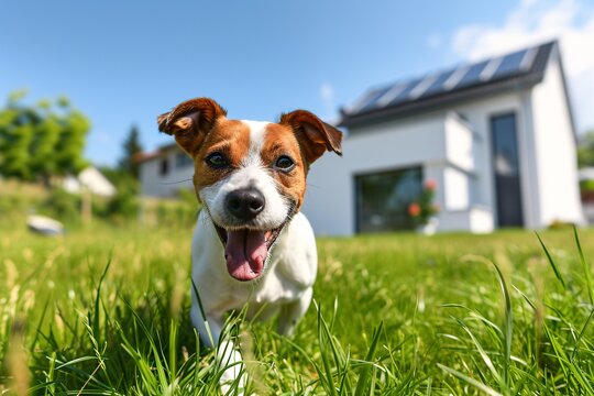 Smiling White and Brown Dog in a Yard Generative AI