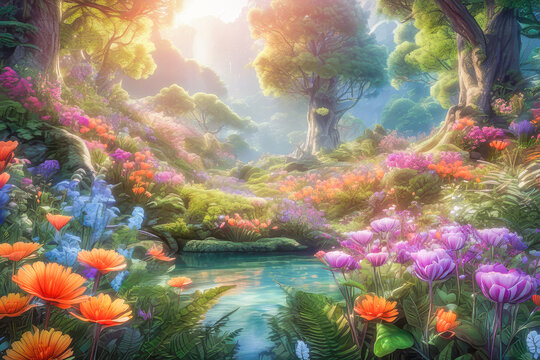 an enchanted forest in a fantasy land filled with vibrant multicolored flowers and trees peaceful lanscapes, Plants and Flowers concept, generative ai