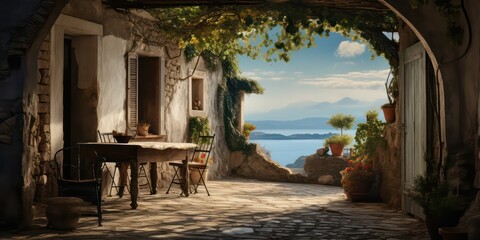 An old courtyard by the sea, brought to life in stunning realism through high-quality photography captured - obrazy, fototapety, plakaty