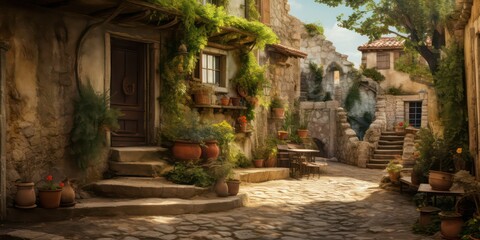 Fototapeta na wymiar An old courtyard by the sea, brought to life in stunning realism through high-quality photography captured
