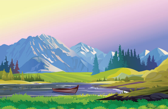 Breathtaking panorama of morning wild nature high in mountains vector illustration
