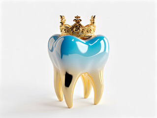 Healthy tooth with golden crown. Isolated on white - obrazy, fototapety, plakaty