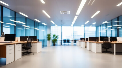 Naklejka na ściany i meble Abstract blurred interior modern office space with business and empty space, people working, panoramic windows, and beautiful lighting background blur in business concept.