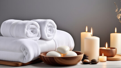 Obraz na płótnie Canvas Create an inviting elegance with soft lighting, emphasizing the elegance of towels and beauty treatments, Towel with herbal bag and beauty treatments, candles, essential oils
