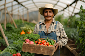 Hispanic Farmer with Fresh Harvest: A Diverse Greenhouse Bounty