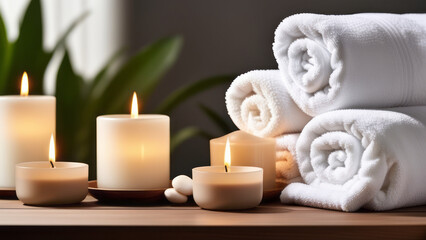 Fototapeta na wymiar Create an inviting elegance with soft lighting, emphasizing the elegance of towels and beauty treatments, Towel with herbal bag and beauty treatments, candles, essential oils