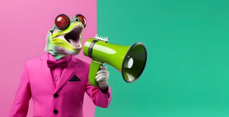 Tuinposter Chameleon announcing using megaphone. Notifying, warning, announcement. © ZayNyi