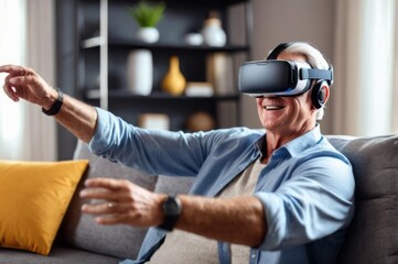 senior man wearing virtual reality goggles or vr headset. experiencing 3D gadget technology. relax in the living room happily on the soft sofa a new experience