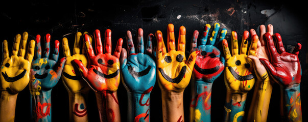Smiles color painted on children hands. Many happy hands paint.