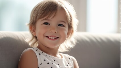 close-up of a cute little child smile happily with his cute pets On the soft sofa cushion In the very warm living room