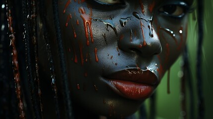 A haunting close-up, emphasizing the emotional scars of domestic violence on a woman's face - obrazy, fototapety, plakaty