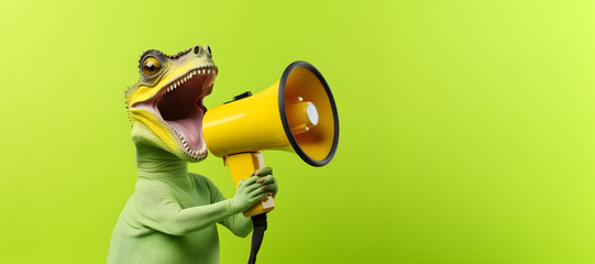 Chameleon announcing using megaphone. Notifying, warning, announcement. - obrazy, fototapety, plakaty