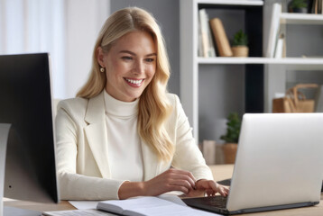 Portrait of successful businesswoman working on laptop computer in modern office. Big city. Business professional. Business network expansion project and analyze future market growth data