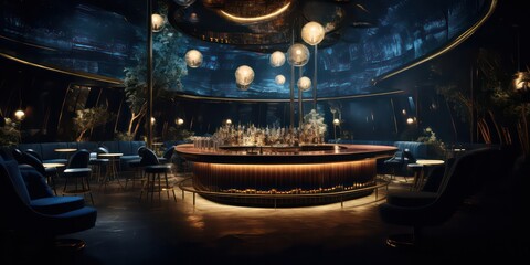 Bar where light and shadows play a captivating role in shaping its mysterious atmosphere with a touch of aesthetics. - obrazy, fototapety, plakaty