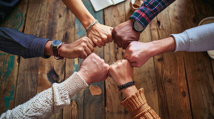 A team of professionals in a meeting showing unity by joining fists together in a circle, symbolizing collaboration and mutual support in a business or work environment.