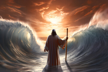 Moses dividing the red sea in exodus