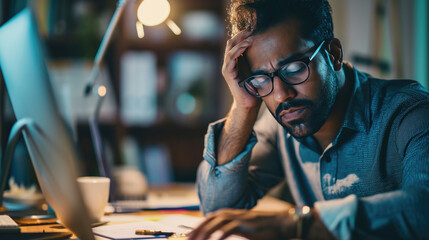 A man in glasses stressed in his work