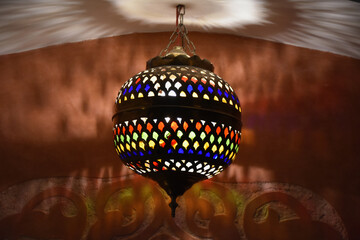 Arabesque Hanging Lamp with Multicolored Stained Glass