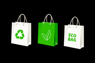 vector set of eco bags. shopping bags with recycle sign