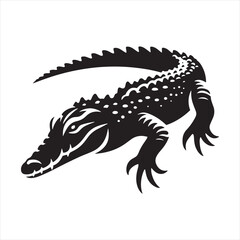Black Vector Crocodile Silhouette: Sinister River Predator in Striking Shadow Form - Reptile Stock Vector
