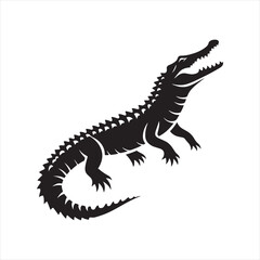 Black Vector Crocodile Silhouette: Sinister Swamp Stalker in Detailed Shadow Form - Reptile Stock Vector
