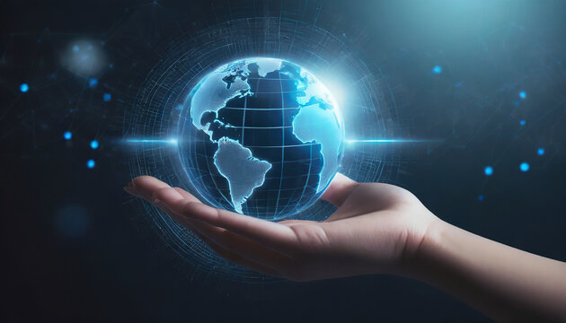 Close up of businesswoman hand holding glowing earth globe on dark background